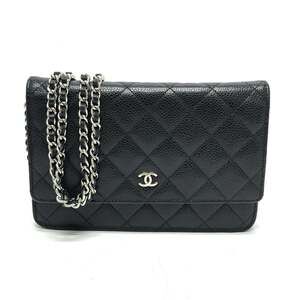 CHANEL Authentic Black Caviar Leather Logo Wallet